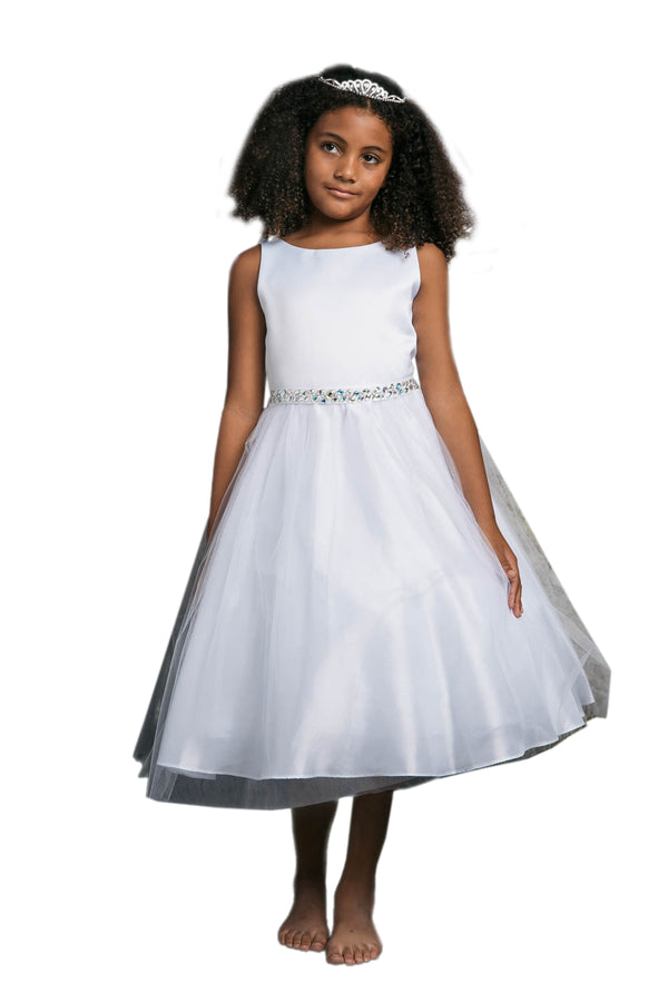 Petite Adele Big Girls White Rhinestone Belt Satin Tulle Communion Dress 8-20 - SophiasStyle.com